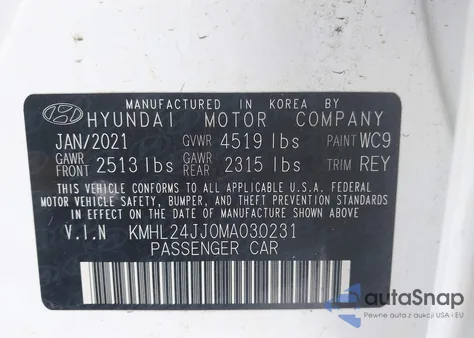 2021 Hyundai Sonata Blue z USA, uszkodzony, nr VIN KMHL24JJ0MA030231